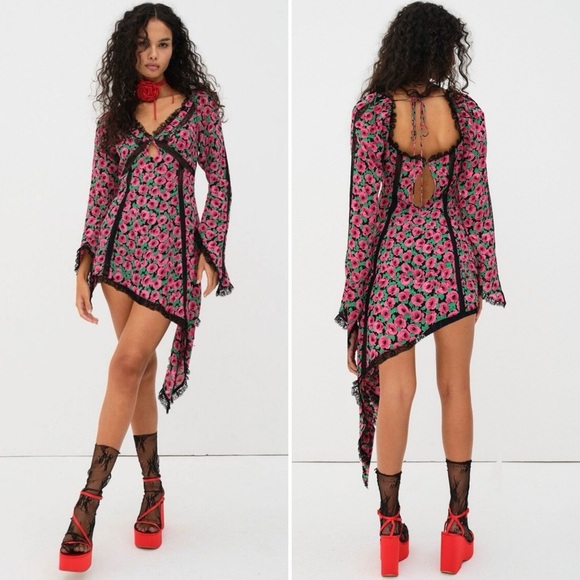 For Love and Lemons Brunello Asymmetrical Floral Black and Pink Dress - XS - Picture 1 of 6